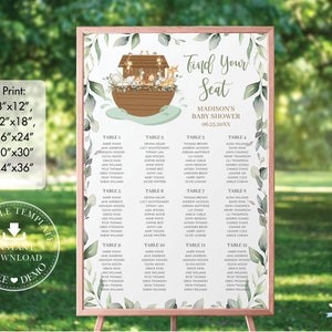 Arche Noah Sitzplan Schild, EDITIERBARE VORLAGE, Chic Greenery Arche Noah Niedliche Tiere Baby Shower Geburtstag Taufe Pdf SOFORT Download NA1