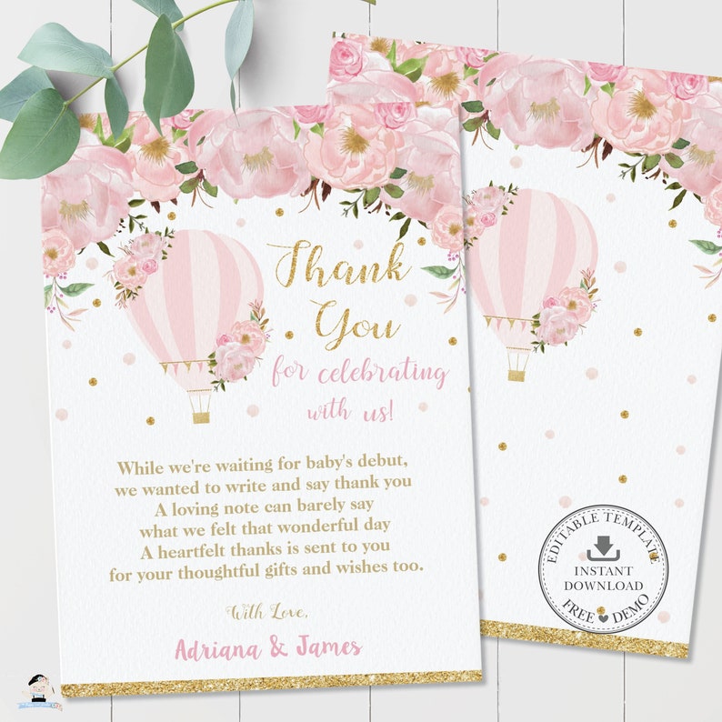 Hot Air Balloon Baby Shower Thank You Card, Baby Girl Shower, Birthday, Bridal Blush Pink Floral, Chic, Glitter Gold, EDITABLE TEMPLATE, HB2 image 2