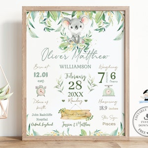 Lindo Koala Nacimiento Impresión PLANTILLA EDITABLE Nuevas estadísticas del bebé Detalles Signo Regalo Recuerdo Australiano Animal Greenery Boy Nursery Decor Descargar AU1