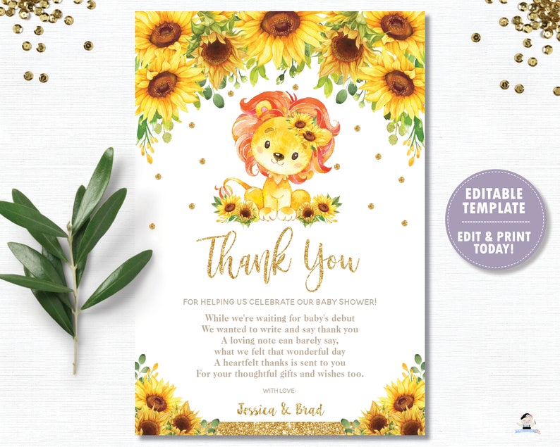 Lion Baby Shower 1st Birthday PDF Lion Sunflower Thank You Card EDITABLE TEMPLATE LN1 Yellow Floral Sunflower Rustic Instant Download