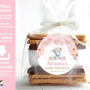 EDITIERBARE VORLAGE, Elefant 2 Zoll Kreis Etiketten, rosa Blumen niedlich Elefant 1. Geburtstag Mädchen Baby-Dusche-Bevorzugungen Runde Tags Printable, EP5