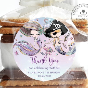 EDITABLE TEMPLATE Mermaid and Pirate 2" Circle Labels Thank You Sticker Favors Tags Pool 1st Birthday Twins Joint Baby Shower Printable MT2