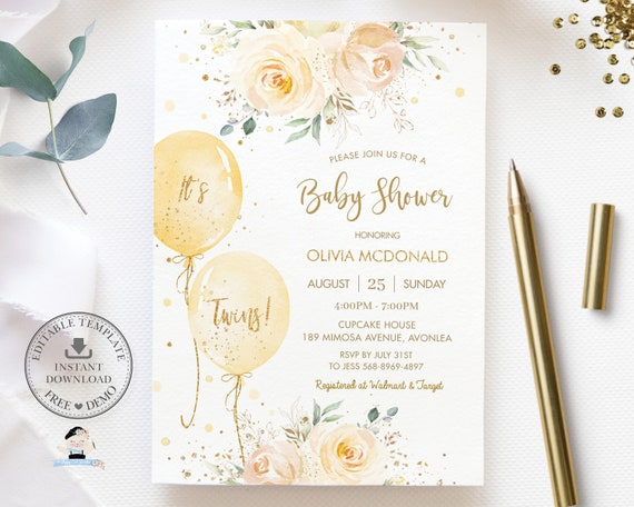 Yellow Floral Balloons Twins Baby Shower Invitation, EDITABLE TEMPLATE, Chic Twin Gender Neutral Gold Invite Printable, INSTANT Download BA2 Il_570xn