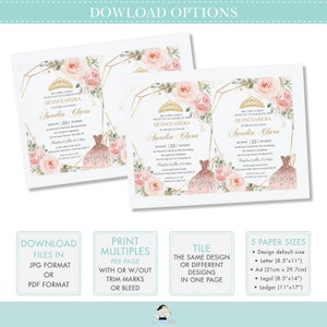 K&ouml;nnte beinhalten: Eine druckbare Quincea&ntilde;era-Einladung mit einem rosafarbenen und goldenen Blumendesign. Die Einladung zeigt einen goldenen geometrischen Rahmen mit einer Krone und dem Text "Quincea&ntilde;era Surelia Clara" in einer Schriftart. Die Einladung enth&auml;lt auch das Datum, die Uhrzeit und den Ort der Veranstaltung.
