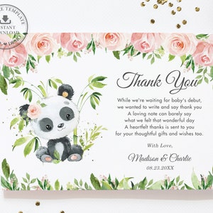 Panda mignon Merci carte, modèle modifiable, 1er anniversaire Baby Shower rose Floral verdure bambou fille Pdf imprimable, téléchargement immédiat, PA2