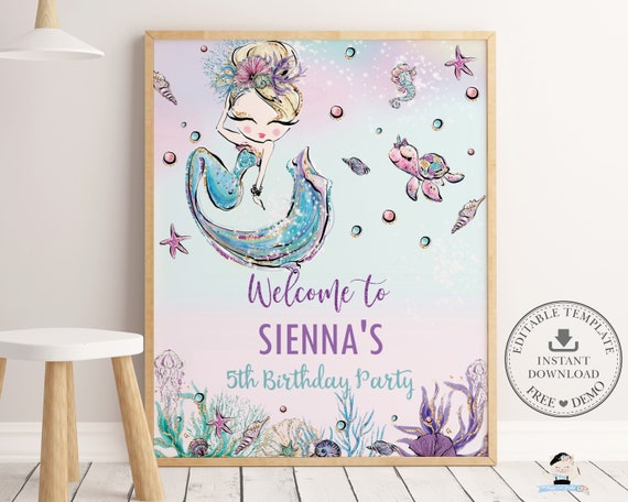 Mermaid Welcome Sign Editable Template Blonde Mermaid Baby Shower Birthday Decor Printable Under The Sea Poster Diy Pdf Instant Download Mt2 By The Happy Cat Studio Catch My Party