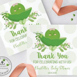 Simpatico pisello dolce in un baccello quadrato Grazie tag favore, MODELLO MODIFICABILE, 1° compleanno ragazza Baby Shower Etichette adesive stampabili, SP1