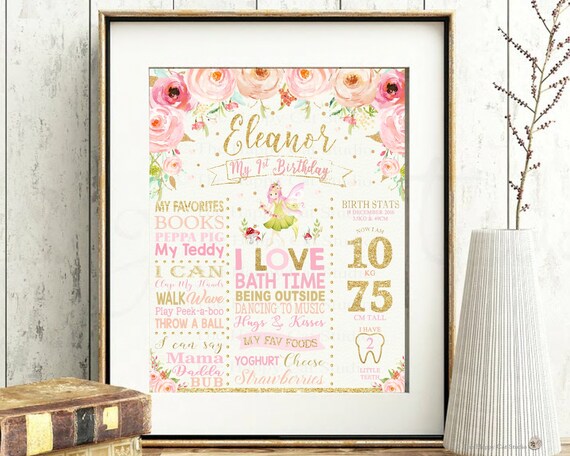 Fairy 1st Birthday Milestones Sign, Girl, Fairy Printable, Birth Stats, First, One Year, Poster, Nursery Wall Decoration, Floral, Gold, WF1 Il_570xn