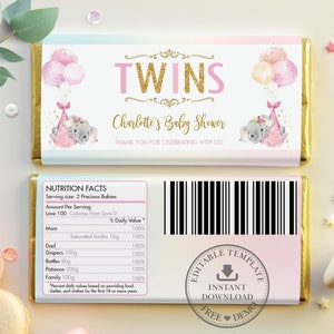 Zwillinge Elefant Schokoriegel Wrapper, Candy Bar Aldi Hershey&#39;s, schicke Zwillingsmädchen Baby Shower Gefälligkeiten, Instant Download, EDITIERBARE VORLAGE, EP3