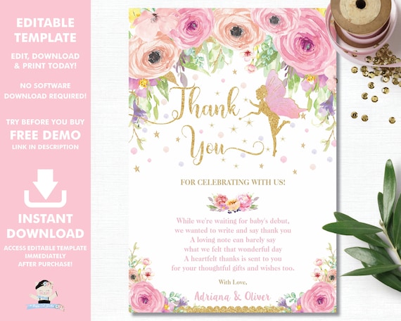 Fairy Thank You Card, Fairy Baby Shower Birthday, Pixie, Enchanted, Pink Floral, Fairy Printable, Baby Girl, EDITABLE TEMPLATE Download, FF3 Il_570xn
