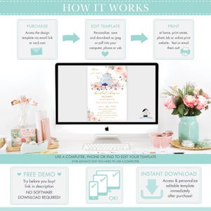 EDITABLE Chic Blush Floral High Tea Party Welcome Sign Royal Bridal Baby Shower Birthday Vintage Teapot Cups Decor Printable Download TP5 image 2
