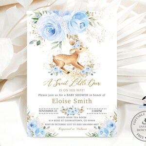 Lieve kleine baby herten blauwe bloemen uitnodiging afdrukbare, BEWERKBARE SJABLOON chique grillige jongen baby shower rozen bloemen uitnodigen INSTANT DE4