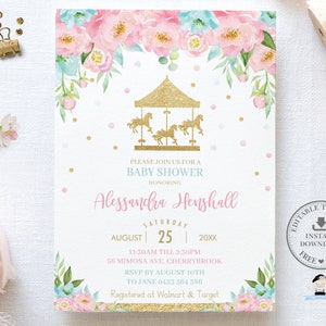 Karussell Einladung, EDITIERBARE VORLAGE, Mädchen Babyparty einladen, Pink Mint Floral, Merry Go Round druckbare, Diy Pdf SOFORT Download, CR2