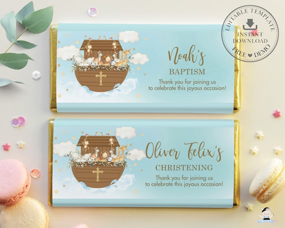 Noah's Ark Chocolate Bar Wrappers EDITABLE TEMPLATES Blue Boy 1st Birthday Baptism Christening Hershey Aldi Candy Favor Printable Diy NA2 Il_570xn