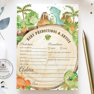 Baby Voorspellingen en Advies Kaart, INSTANT DOWNLOAD, Cute Dinosaurs T-Rex Brontosaurus Boy Baby Shower Game Activiteit Diy PDF Printable, DS1
