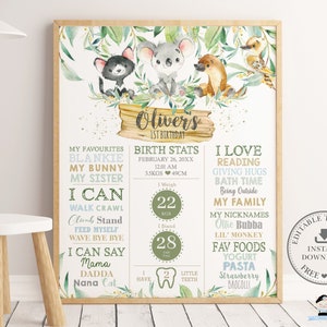 Sinal de marco do primeiro aniversário da Australian Animals, MODELO EDITÁVEL, Greenery Koala Boy Birth Stats Poster Decor Pdf, Download INSTANTÂNEO AU1