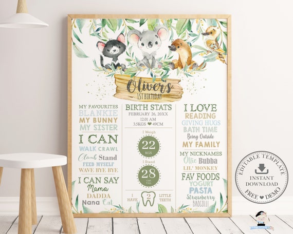 Australian Animals 1st Birthday Milestone Sign, EDITABLE TEMPLATE, Greenery Koala Boy Birth Stats Poster Decor Pdf, INSTANT Download AU1 Il_570xn