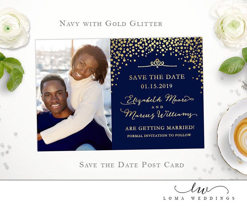 DIGITAL Printable JPG PDF Save the date Post Card Navy and Gold Confetti #105ASD