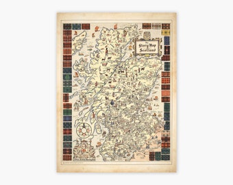 Old Map of Scotland - Pictorial Vision of Scottish Clans, inc. Edinburgh, Scottish Highlands - Archival Print, Ready to Hang, Framed Option