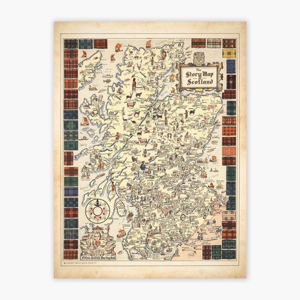 Old Map of Scotland - Pictorial Vision of Scottish Clans, inc. Edinburgh, Scottish Highlands - Archival Print, Ready to Hang, Framed Option