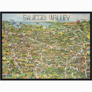 Silicon Valley Karte | Reproduktion einer Retro computing Bildkarte, illustrierte Karte von Kalifornien, Apple Computer, Samsung, Vorstellungsfoto von Apple