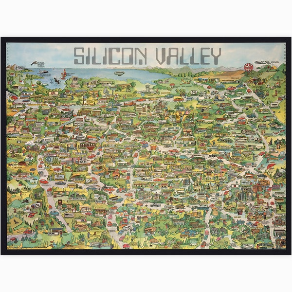 Silicon Valley Map | Reproduction Print of Retro Computing Pictorial Map, Illustrative Map of California, Apple Computer, IBM, Intel Advert