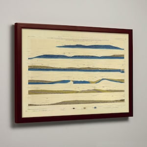 May include: Framed vintage geological map print with a dark red frame. The map features horizontal layers in blue, yellow, and green on a cream background. Text at the top reads "Geological Survey of Sussex and Kent".