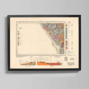 May include: Framed vintage map print with a detailed geological and geographical illustration. The map features a grid overlay and a color-coded representation of the terrain, framed in a black border. The map is a vintage print.