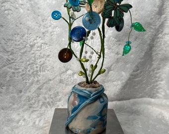 Button Tree / Button Flower Bouquet / Hand Made Clay Pot / Shabby Cottage Chic Decor / Home Decor / Present