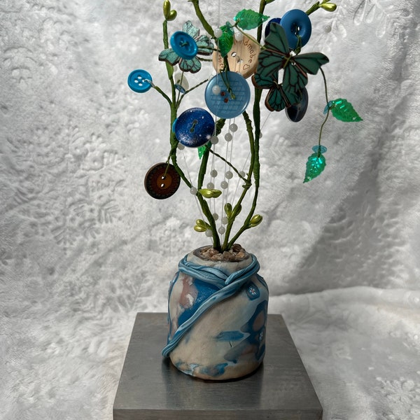 Button Tree / Button Flower Bouquet / Hand Made Clay Pot / Shabby Cottage Chic Decor / Home Decor / Present