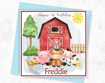 Personalised Farmyard birthday card, farm animals age card