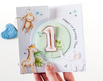 Personalised first birthday card, jungle safari animal age card