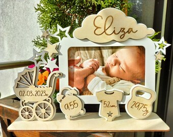 Personalized picture frame with dates of birth Gift for birth made of wood