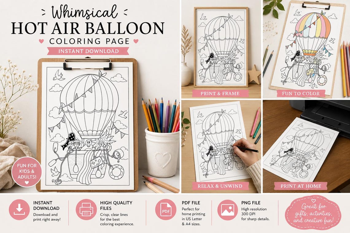 Whimsical Hot Air Balloon Coloring Page | Fantasy Adventure Printable ...