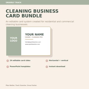Op de afbeelding: Een sjabloon voor een visitekaartjesbundel voor schoonmaakbedrijven met de tekst ORDERLY TRACK, CLEANING BUSINESS CARD BUNDLE en een bewerkbaar kaartontwerp met tijdelijke aanduidingen voor YOUR NAME, OWNER + CLEANING PRO, e-mail en website in donkergroen.