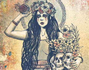 PERSÉFONE - CRÂNIOS - DEUSA - Impressão de Belas Artes - Arte Bruxa - Altar - Paganismo - Bruxaria - Mitologia Grega