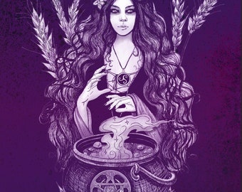 Peut inclure: Une femme aux longs cheveux noirs et une couronne de fleurs se tient au-dessus d'un chaudron avec un symbole de pentagramme. Elle porte un collier avec un symbole de triple lune. Le chaudron est au-dessus d'un feu et il y a des épis de blé derrière elle.