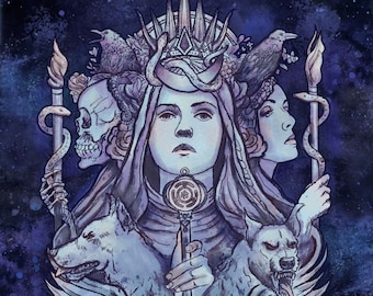 Impressão de belas artes HEKATE-HECATE - Arte de bruxa - Deusa negra - Altar - Pagão - Bruxaria - Cérbero