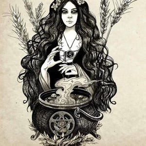 Pode incluir: Ilustra&ccedil;&atilde;o a preto e branco de uma mulher com cabelo longo e ondulado, adornada com flores e um colar. Ela &eacute; retratada com um caldeir&atilde;o, um pentagrama e espigas de trigo, evocando um tema m&iacute;stico ou de bruxaria.
