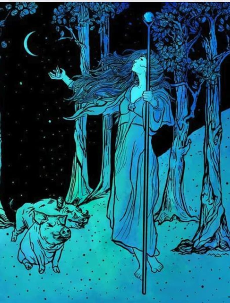 Pode incluir: Ilustra&ccedil;&atilde;o azul e preta de uma mulher em um vestido esvoa&ccedil;ante segurando um bast&atilde;o com um orbe azul, em p&eacute; em uma floresta. Dois porcos est&atilde;o em primeiro plano. Uma lua crescente e estrelas no c&eacute;u noturno.
