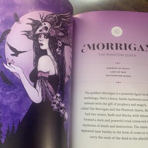 Pode incluir: Um livro aberto com uma ilustra&ccedil;&atilde;o de Morrigan, a Rainha Fantasma, num fundo roxo. A imagem mostra uma mulher com cabelo comprido e preto, um adorno de caveira e um vestido preto. O texto &agrave; direita diz "MORRIGAN THE PHANTOM QUEEN".