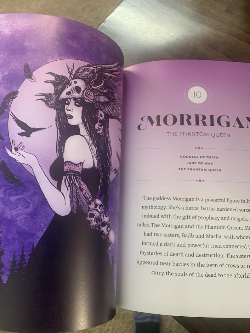 Pode incluir: Um livro aberto com uma ilustra&ccedil;&atilde;o de Morrigan, a Rainha Fantasma, num fundo roxo. A imagem mostra uma mulher com cabelo comprido e preto, um adorno de caveira e um vestido preto. O texto &agrave; direita diz "MORRIGAN THE PHANTOM QUEEN".