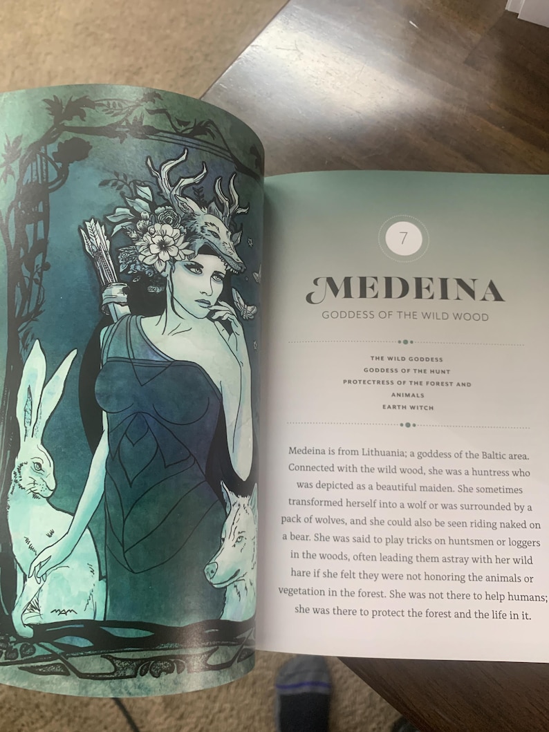Pode incluir: Ilustra&ccedil;&atilde;o de um livro com Medeina, a Deusa da Floresta Selvagem. A obra de arte retrata uma mulher com um adorno de chifres de veado, segurando um arco e flechas, com um coelho branco e um lobo. O texto diz "MEDEINA GODDESS OF THE WILD WOOD".
