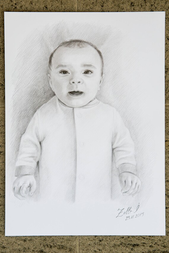 Verticale Dun Bebe Enfant Enfant Portrait Au Crayon Etsy