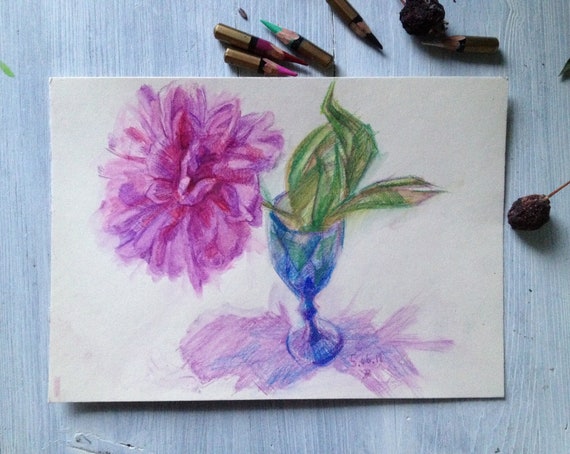 Original Drawing On Paper Watercolor Pencils Flower Pink Picture For Home Magenta Peony Fine Art Graphics Small Picture Autors Work Sketch