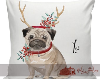 Personalized Dog Christmas Pillow, Custom Gift, Pug, Pillow Cover, Decorative Pillows, Farmhouse, Made in USA, #RB0127