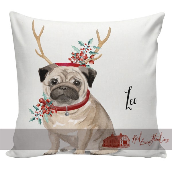 Personalized Dog Christmas Pillow, Custom Gift, Pug, Pillow Cover, Decorative Pillows, Farmhouse, Made in USA, #RB0127