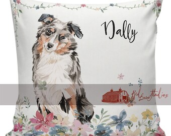 Personalized Dog Spring Pillow, Custom Gift, Aussie, Australian Shepherd, Decorative Pillows, Farmhouse Decor, Made in USA, #RB0130