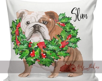 Personalized Dog Christmas Pillow, Custom Gift, English Bulldog, Bulldog Pillow Cover,  Farmhouse Decor, Made in USA, #RB0136