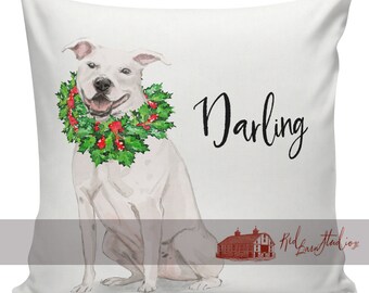 Personalized Dog Christmas Pillow, Custom Gift, AST, American Staffordshire Terrier, Pitbull Pillow Cover,  Made in USA, #RB0131
